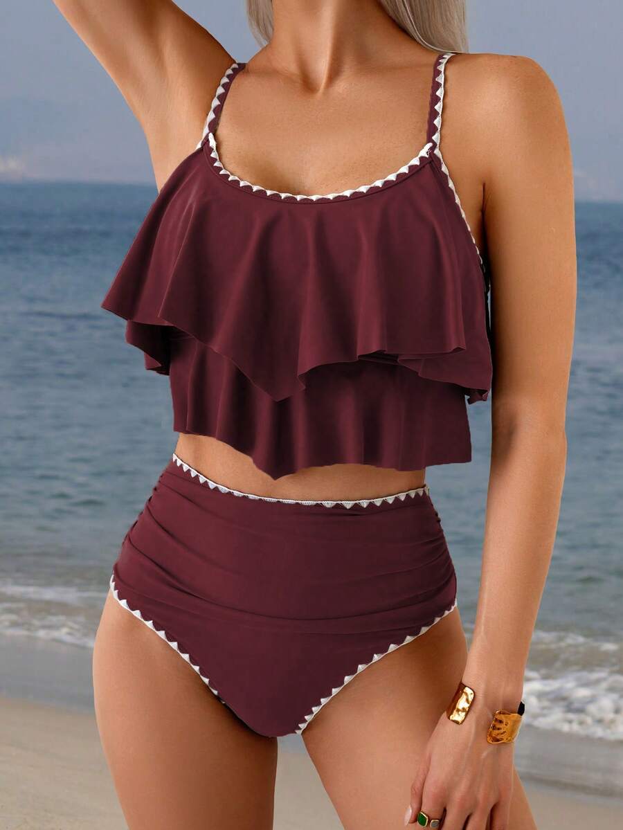 Swim Lushoire 2pcs Springbreak Ruched Contrast Color Trim High Waist Bikini Set, Pleated Waist For Beach Holiday - Burgundy - View 1