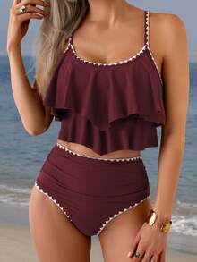 Swim Lushoire 2pcs Springbreak Ruched Contrast Color Trim High Waist Bikini Set, Pleated Waist For Beach Holiday - Burgundy - View 3