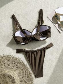 Swim Chiccia 2pcs Set: Elegant Metallic Fabric Top With Twisted Cup Detail & Pants With Drawstring Waist - Coffee Brown - View 7