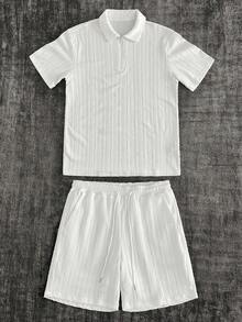 Mainfolk Men's White Short Sleeve Polo Collar Knitted Casual Co-Ords With Drawstring Track Shorts And Pockets - White - View 8
