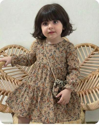 Vestido de manga larga elegante y lindo con estampado de pata de gallo para niña bebé