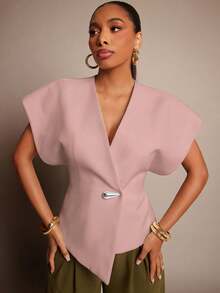 Vixey Solid Textured Woven Asymmetrical Hem Single Button Waistcoat Top - Baby Pink - View 4