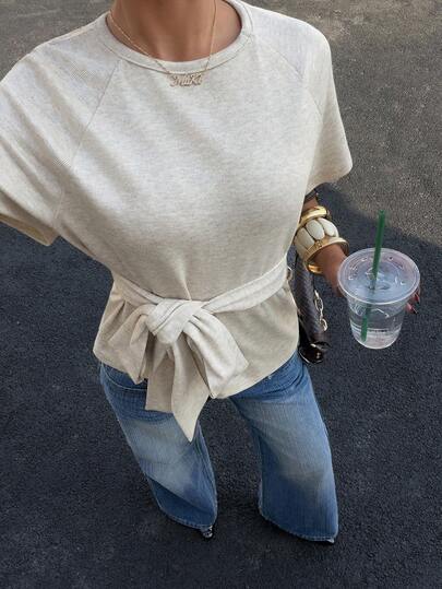 Siren Gaze Tricou damă casual, de zi cu zi, cu mânecă raglan, culoare solidă, cu legături în talie