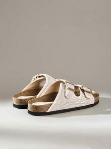 Solecia 女士编织亮面网布双扣设计闭趾休闲平底凉鞋，杏色 - 杏色 - 查看 4