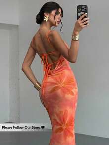 Firerie 女士优雅浪漫扎染花卉露背系带长裙，适合春夏穿着，是海滩、通勤、度假、波西米亚风、夏威夷风、约会、派对、音乐会、婚礼、毕业典礼等场合的理想之选。 - 彩色 - 查看 4