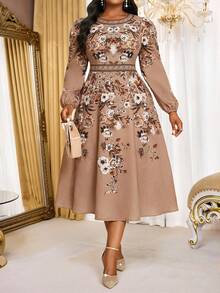 SHEIN Lady 大码复古印花灯笼袖休闲连衣裙 - 彩色 - 查看 6