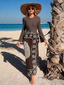 Swim Mulvari Women's Middle Eastern One-Piece Swimsuit, Digital Printed Skirt Bottom, Seashell & Nautilus Pattern, Elegant Brown Middle Eastern One-Piece Swimsuit - Brown - View 1