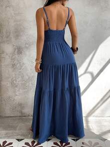 Sunnyshic 女士牛仔超长高开衩连衣裙 - 藍色 - 查看 2