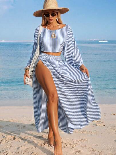 Swim Vcay Conjunto de dos piezas de cubrecuerpo casual de manga larga y abertura para mujer, color blanco