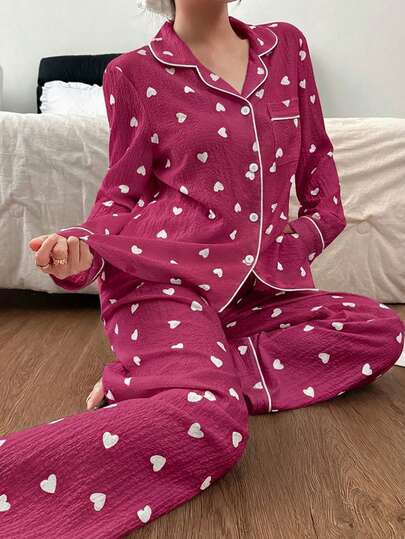 SHEIN Napfluff Damen Bubble Crinkle Herz Muster Loungewear Set, geeignet für Innen- und Außenbereich