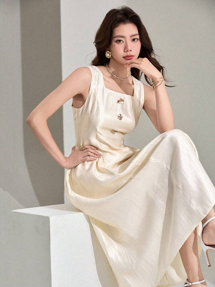 Women's Elegant Solid Color Square Neck Sleeveless Sequin Midi Dress, Summer Wedding Guest Dress Sundress