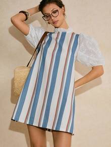 Poéselle Women's Frill Collar Patchwork Hollow Out Embroidery Puff Sleeve Striped Casual Dress - Blue and White - View 5