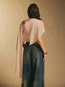 Poéselle 女士纯色网纱披肩式连体衣，时尚百搭，适合日常穿着 - 卡其色 - 查看 6