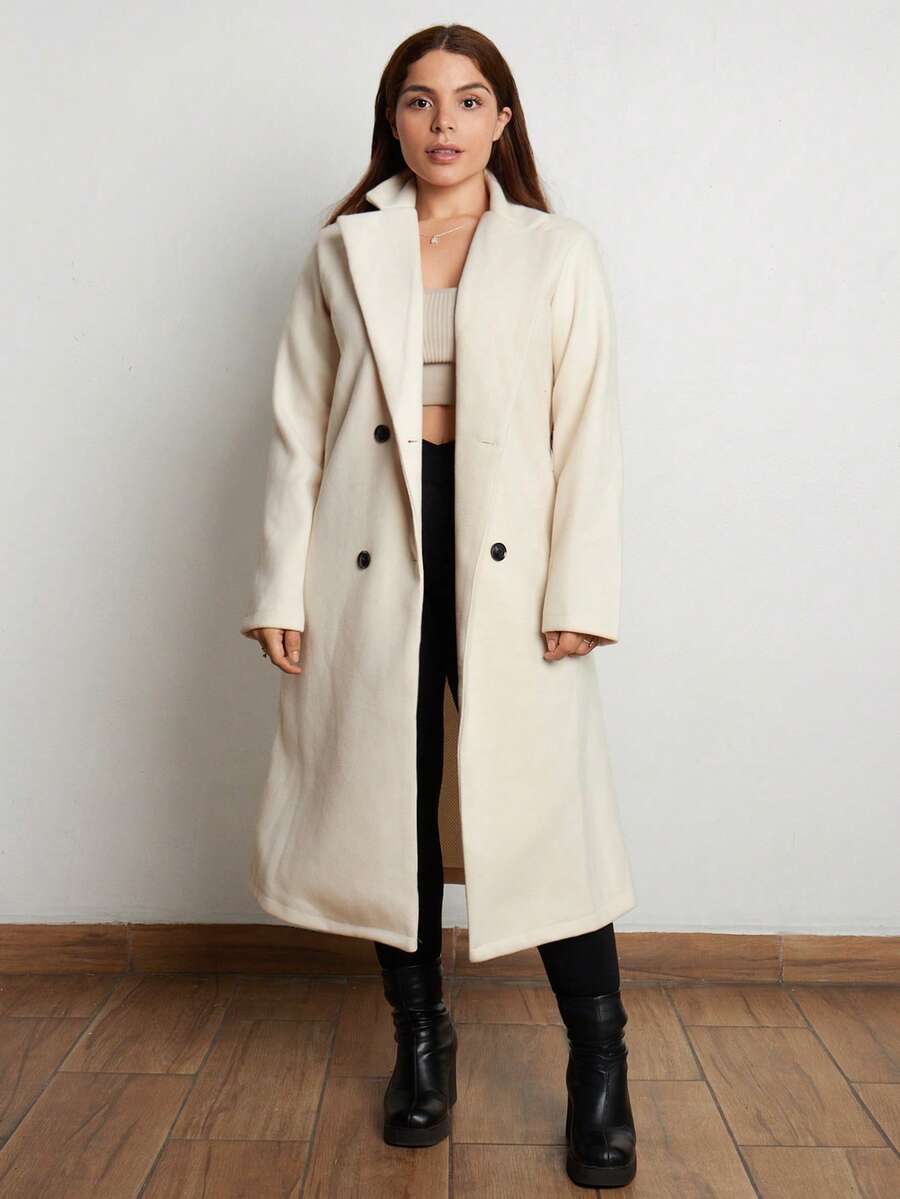 Lupita Cardoza 女士纯色双排扣大衣，休闲秋冬 - 杏色 - 查看 1