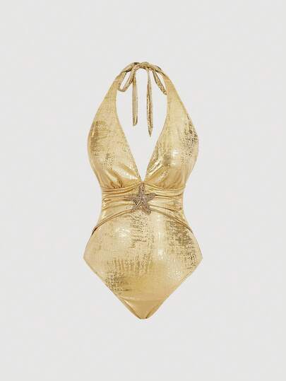 SHEIN MOD 海星装饰金属露背挂脖连体泳衣，度假沙滩装