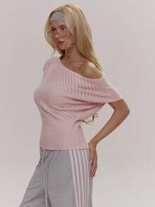 MUSERA 不对称露肩蝙蝠袖罗纹收腰针织可爱少女性感春冬日常复活节糖果色 - 淺粉色 - 查看 3