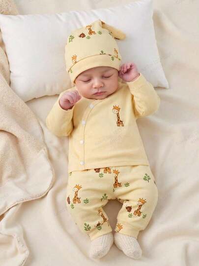 SHEIN Newborn Baby Cartoon Giraffe Print Single-Breasted Long Sleeve Top And Pants Set With Hat