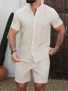 VENTUSAIL Men's Light Beige Summer Casual Beach Holiday Outfit,Mandarin Collar Pleated Short Sleeve Henley Shirt And Shorts Set,2 Piece Linen Set For Men,Nude - Apricot - View 4