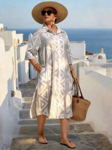 Linhara CURVE 大码女式开衫连衣裙，适合度假和通勤，女士夏季连衣裙，女士连衣裙，女士假日连衣裙 - 白色 - 查看 4
