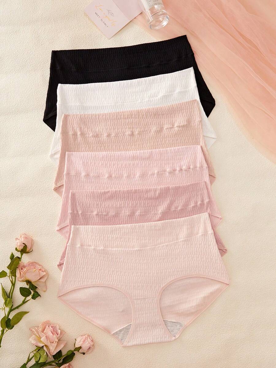 NudeFit 6pcs Plus Size Women Solid Color Textured Fabric Comfortable Briefs - Multicolor - View 1