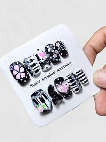 ROMWE Anime 10片Y2K风格黑白钢琴键手绘樱花美甲贴片，复古高品质水钻假指甲，四季皆宜，可重复使用，适合日常、约会、派对等场合。 - 彩色 - 查看 1