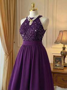 DreamSkyne Plus Size Women Sleeveless Patchwork Sequin Embellished Elegant Dress Maxi Women Outfit - Purple - View 2