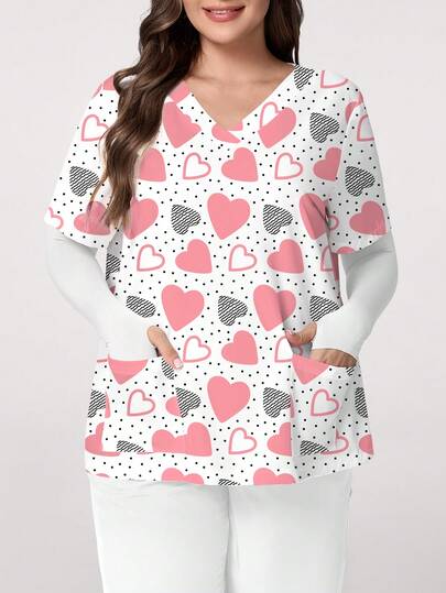 PopScrub Plus Size Women's V-Neck Short Sleeve Scrub Top With Pockets, Heart & Polka Dot Cartoon Print, Fashion Uniform