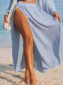 Swim Vcay 女士白色长袖开衩休闲沙滩罩衫两件套 - 藍色 - 查看 4