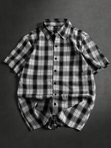 STYNVO Men's Plaid Short Sleeve Single-Breasted Casual Commuter Shirt - Black and White - View 1