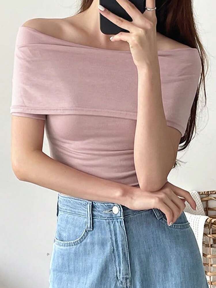 1pc Women's Off-Shoulder Fitted Slim T-Shirt, Gentle Style, Summer