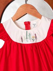 SHEIN Young Girl Casual Versatile Floral Pattern Round Neck Ruffle Trim Contrast Color Dress,Kids - Red - View 10