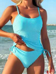 SHEIN Swim Lushore SS2025 Women Spring/Summer Beach Swimwear, Blue And Write Stripe Tankini Swimwear - Mint Blue - View 5