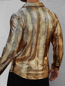 Manfinity AFTRDRK 男士纹理长袖单排扣时尚衬衫，秋季 - 金色 - 查看 2