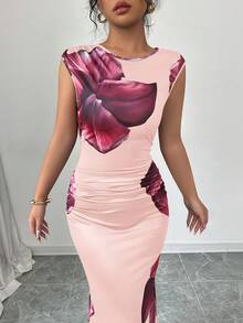 Elenzga Vacation Round Neck Sleeveless Floral Print Elegant Women Dress - Baby Pink - View 6