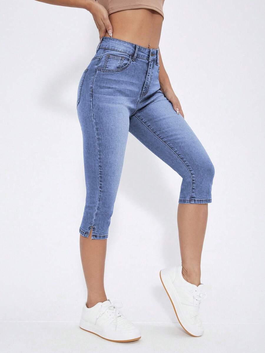 Rivivi Quần jeans ống đứng lửng màu trơn, túi xéo, xẻ tà, dáng ôm vừa vặn. - Màu xanh lam - Xem 1