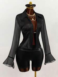 Mistrie Áo kiểu nữ tay loe xuyên thấu màu đen gợi cảm, thích hợp cho kỳ nghỉ hè, kỳ nghỉ xuân, du lịch, kỳ nghỉ dành cho nữ, kỳ nghỉ hè, kỳ nghỉ dành cho nữ, kỳ nghỉ, kỳ nghỉ hè, kỳ nghỉ biển dành cho nữ. - màu đen - Xem 4