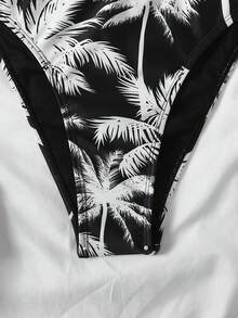 SHEIN 少女黑色撞色棕榈树印花比基尼套装，短袖上衣和泳裤，适合度假、海滩和游泳。 - 黑與白 - 查看 4