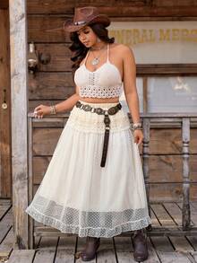 SHEIN LUNE Plus Size Women's Holiday Contrast Lace Polka Dot Mesh Skirt - Apricot - View 7
