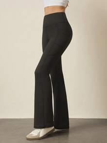 With My Calm 女士纯色口袋休闲百搭日常户外运动喇叭裤 - 黑色 - 查看 4