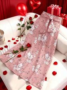 SHEIN Clasi 大码女式印花优雅A字裙，弹性腰带，高包容性，通勤及日常穿着皆宜。 - 粉色 - 查看 3