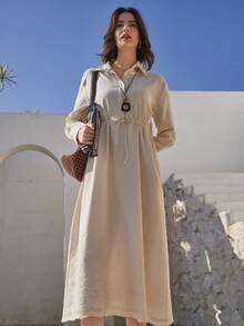 Dazy-Less Spring & Summer Elegant Midi Dress, Waist Cinched Design, Suitable For Dates, Weddings, Parties, Casual Vacations, Commuting - Beige - View 5