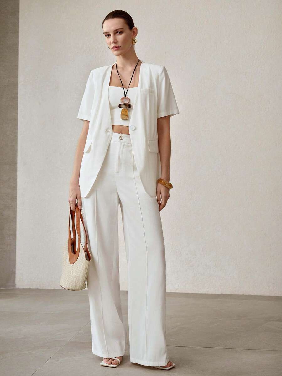 MOTF PREMIUM 女士白色短袖撞色蕾丝优雅外套 - 白色 - 查看 1