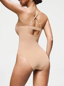 SHAPORA Women's Adjustable Strap Solid Color Bodysuit, Slim Fit For Everyday Wear - Apricot - View 2