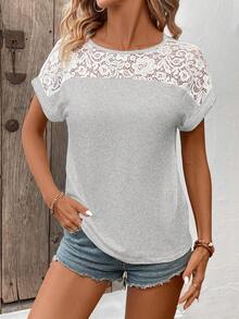 SHEIN LUNE 女士休闲撞色蕾丝圆领蝙蝠袖T恤，夏季 - 灰色 - 查看 3