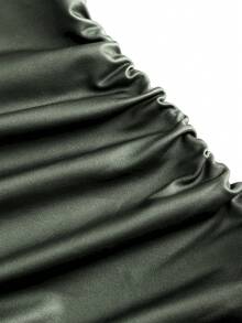 Sweetra New Fashion Wine Red Coated Elastic Fabric Off Shoulder Ruched Waist Slim Fit Mini Dress, High Neck Ruffle Detail, Suitable For Club Party, Cocktail, Commute, Daily Wear In Autumn/Winter Body Dress Army Green Dress Women - Army Green - View 5