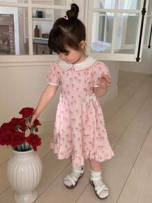 DAZY Baby Girls' Floral Print Ruffle Collar Casual Korean Style Dress Summer - Pink - View 7