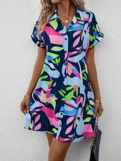 Breezaya Allover Print Batwing Sleeve Shirt Dress Vacation Beach Outfits Women