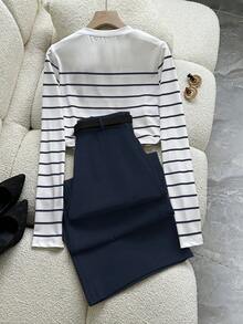 GlowEve 2pcs Commuter Elegant Striped Long Sleeve T-Shirt And Pants With Pockets And Belt Set For Women - Navy Blue - View 2