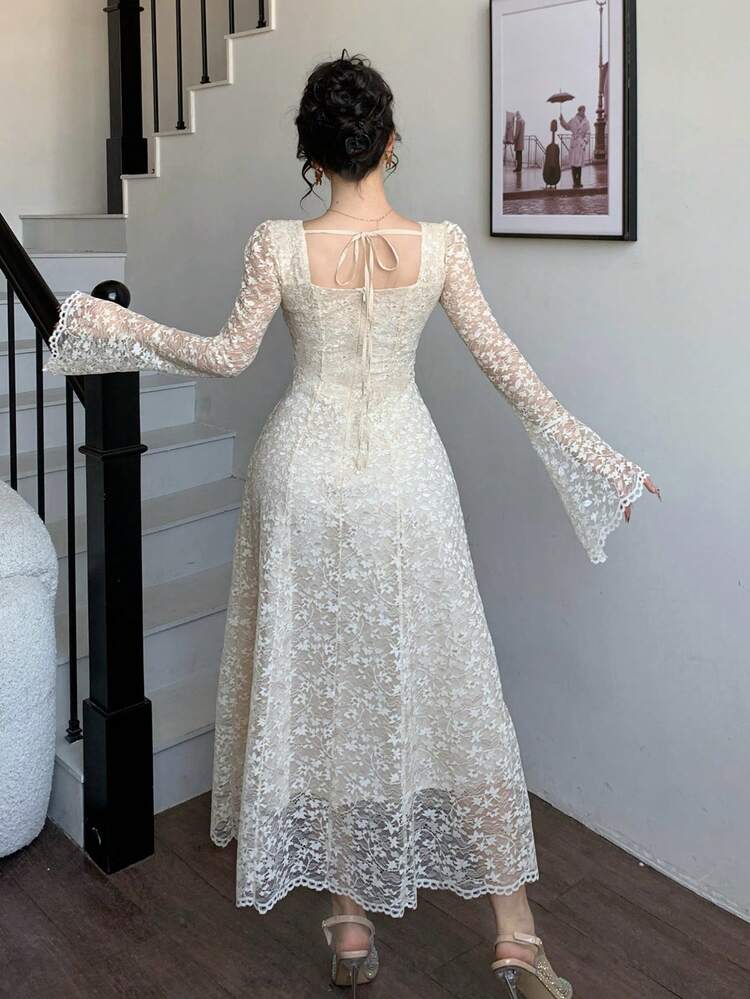 Women's Floral Textured White Elegant Long Sleeve Dress Wedding Guest Dress