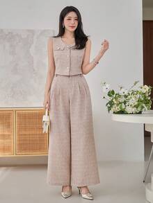 DAZY 女士优雅仿口袋吊带背心和阔腿裤两件套，春夏款 - 杏色 - 查看 4